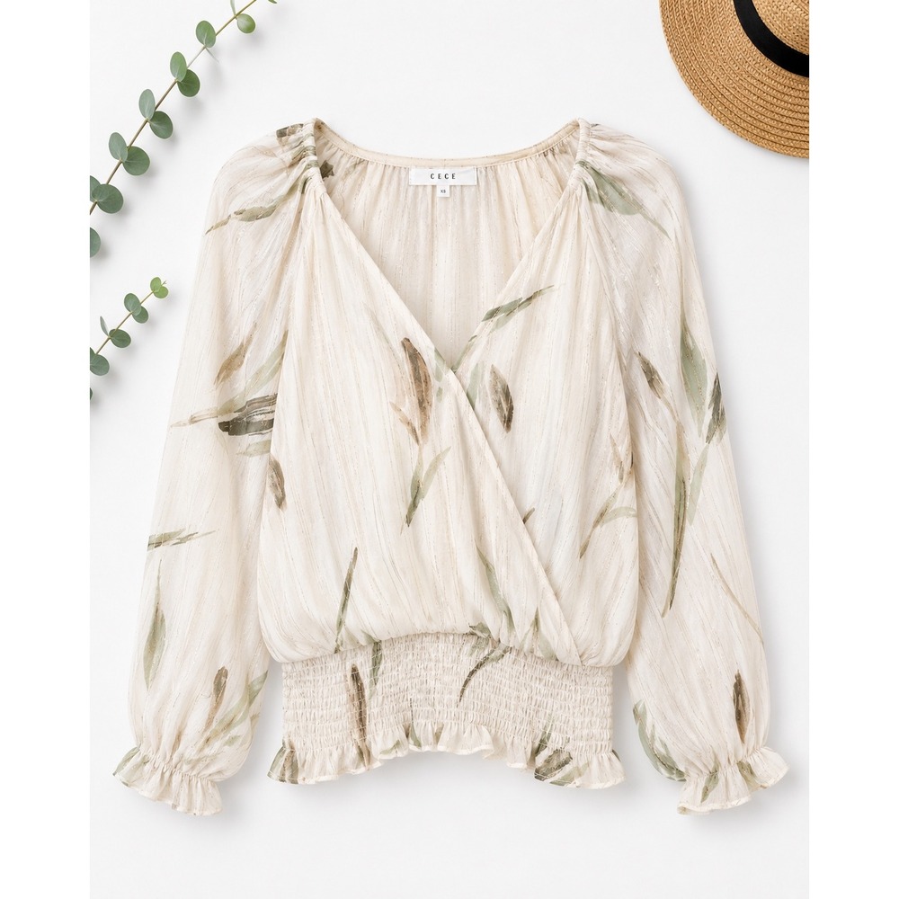 Cece Lush Ivory Sage Floral Metallic Stripe Smocked Wrap Blouse XS